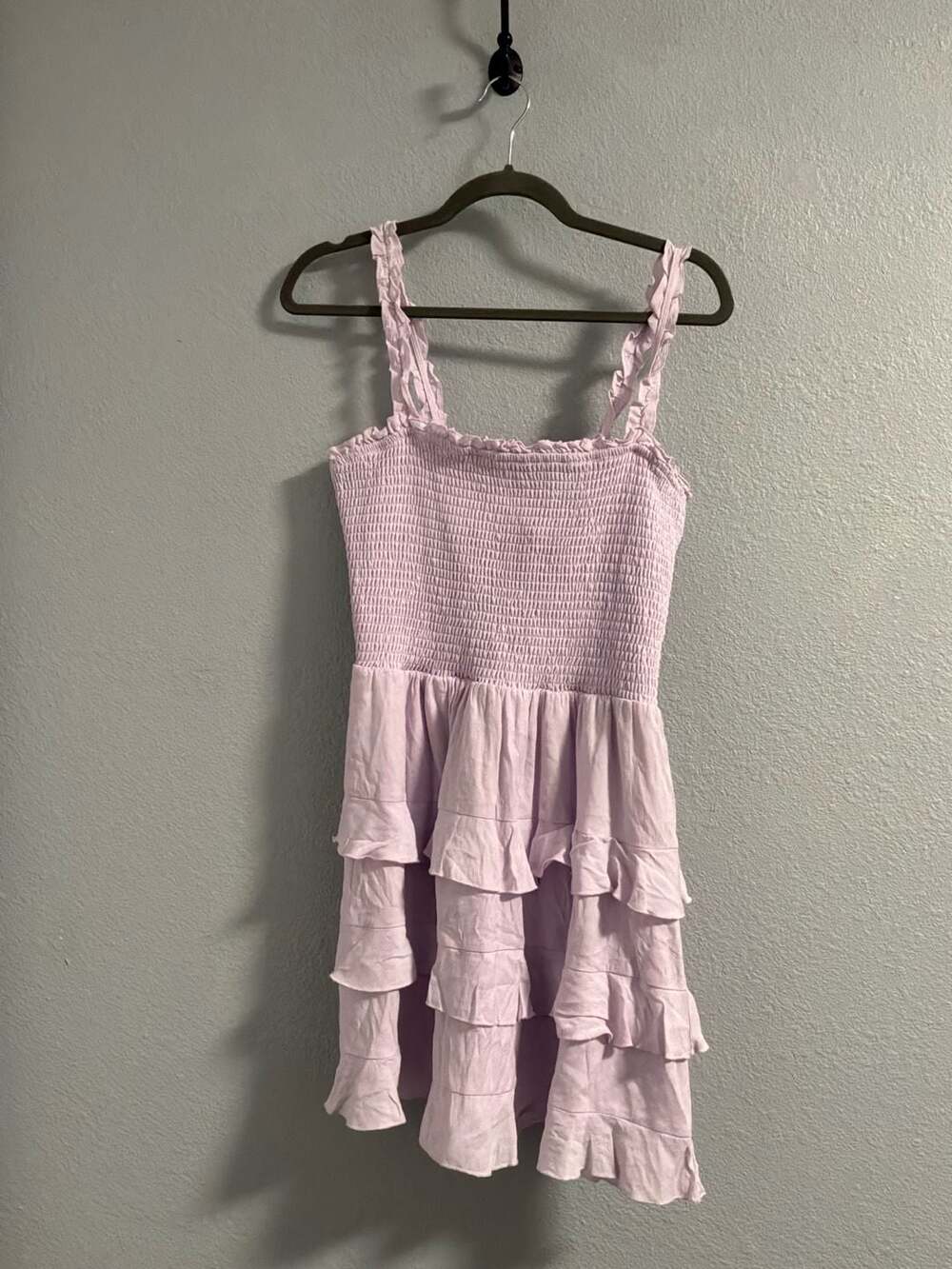 Altar'd State Mini Dress Size L Purple Ruffled Smocked Tie Back